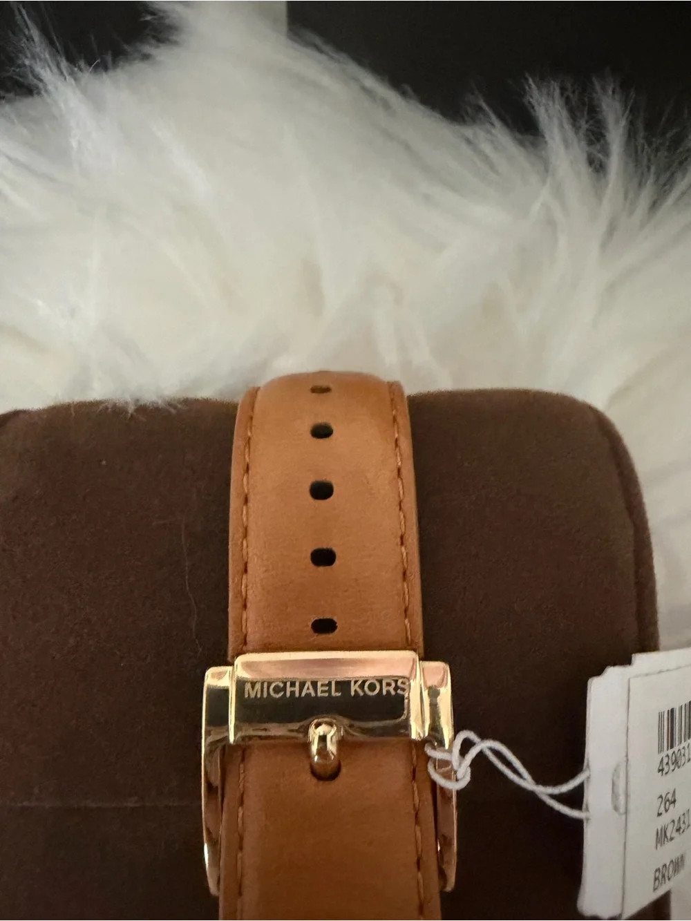 Michael Kors Gold-Tone Watch with Green Dial and Brown Leather Strap